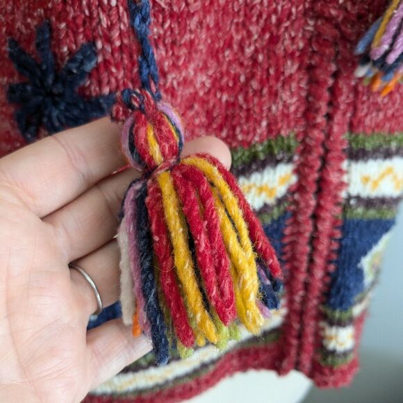 Handmade Cardigan Hoodie Sweater Wool Boho Hippie Multicolor Zip Chunky Red Blue - Picture 8 of 11